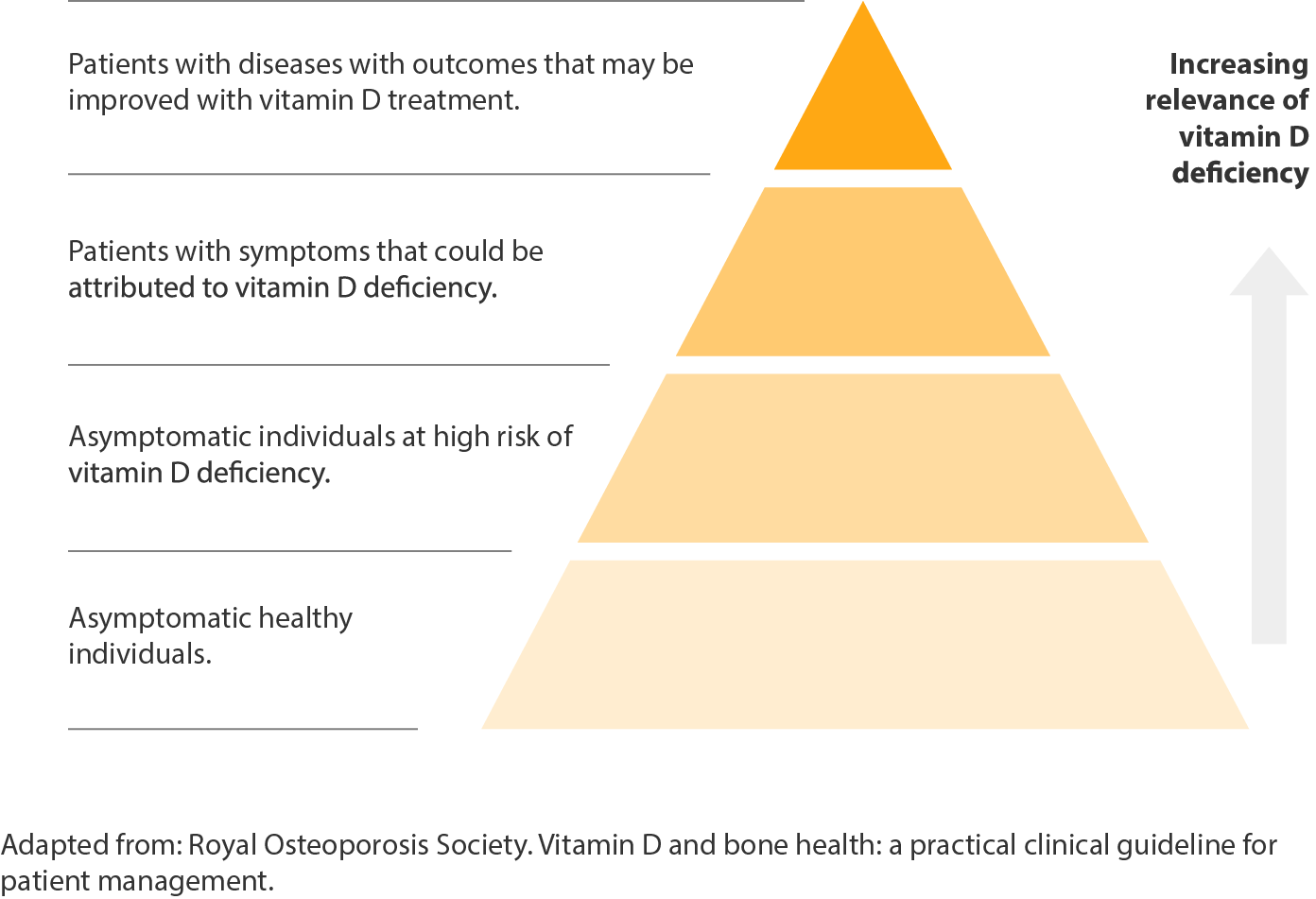 Pyramid divided into 4 sections to show 4 patient groups based on their differing health needs, with increasing relevance of vitamin D deficiency