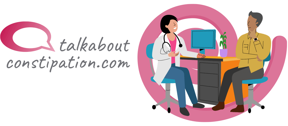 Illustration of a female doctor sitting at her desk talking to a man about his constipation, alongside the talkaboutconstipation.com logo