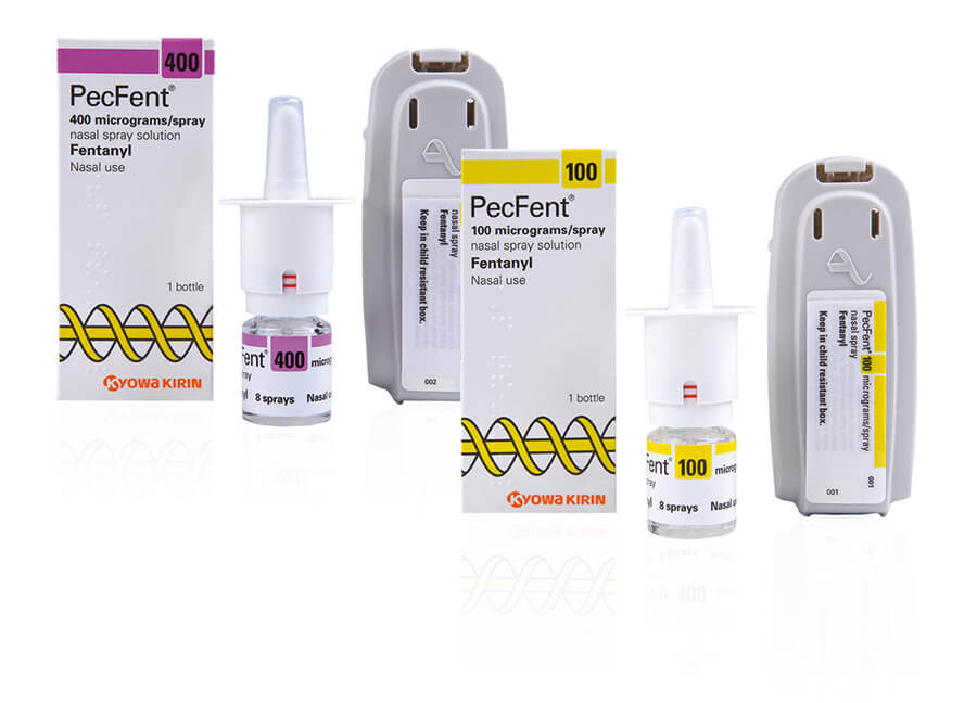 Photos of the packaging for 2 strengths of PecFent (fentanyl pectin nasal spray)